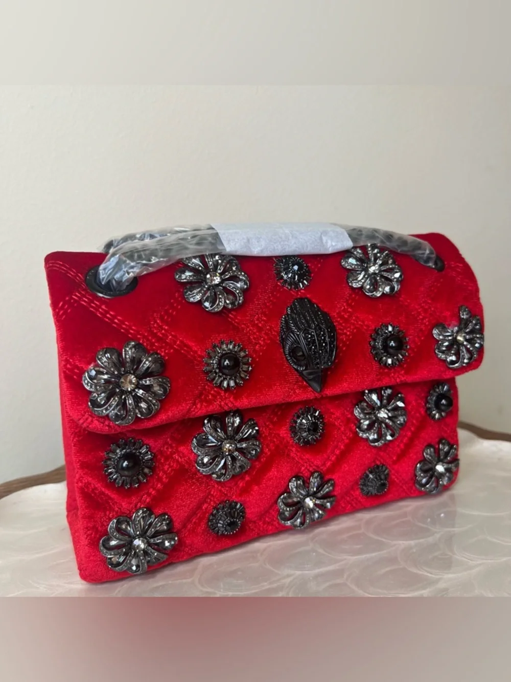 Kurt Geiger London Red Velvet Embellished Mini Kensington Bag NWT - Picture 2 of 16